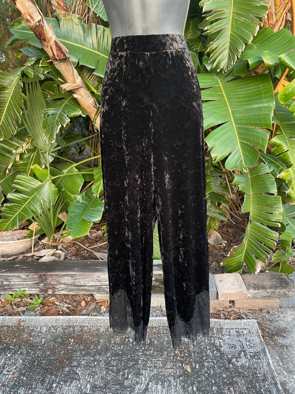 lace trim, crushed velvet, wide leg pants